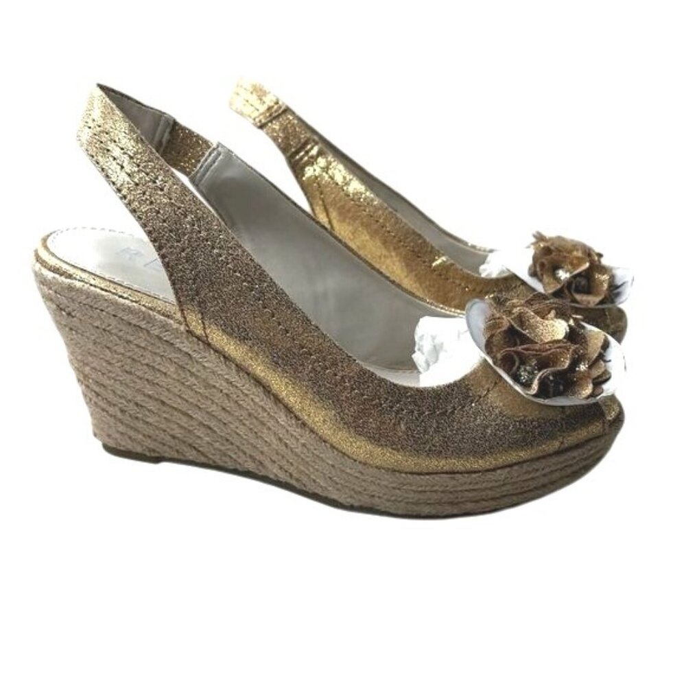 Report Gold Slingback Wedge Sandals With Floral Accents & Glitter Finish Size 8